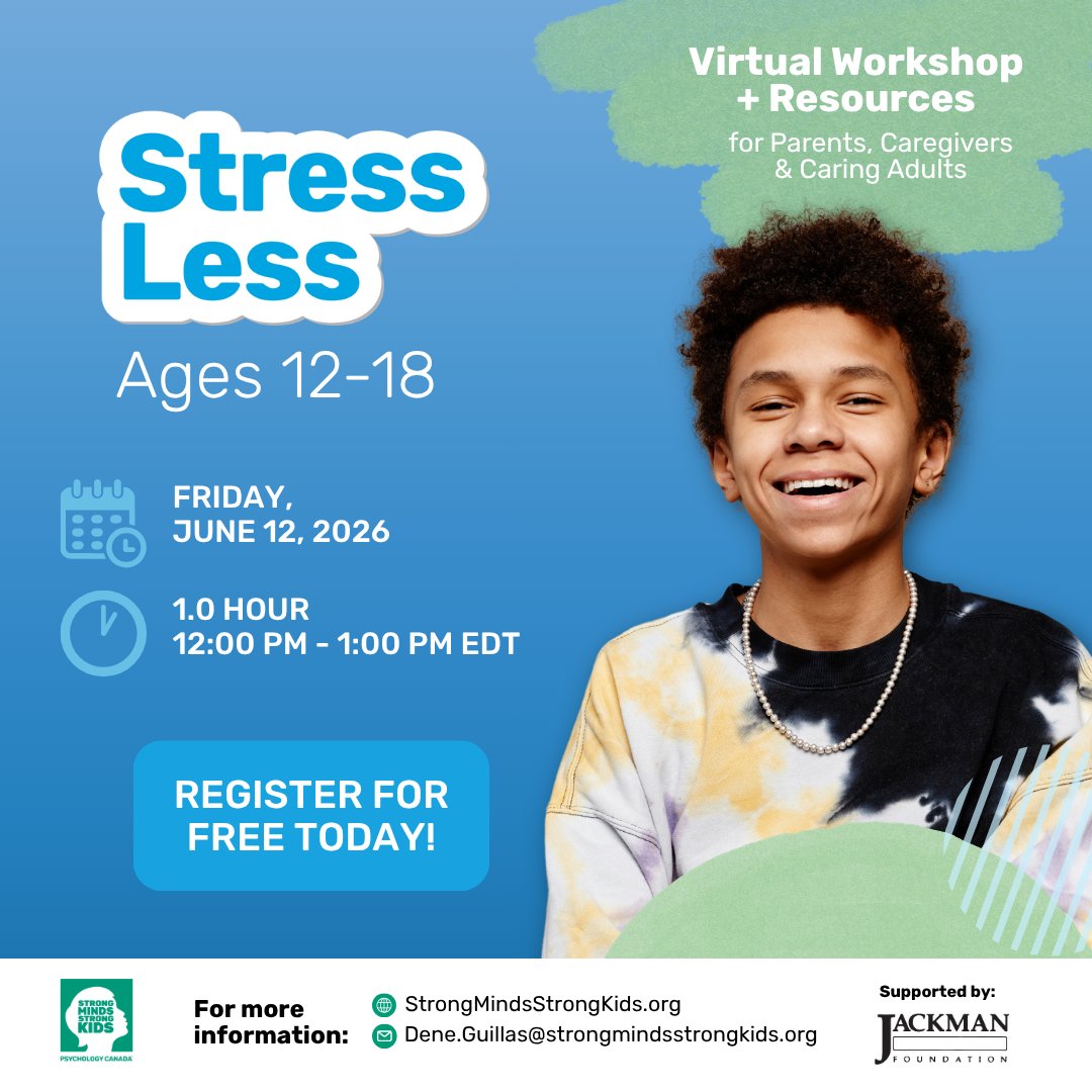StrongMindsCda's tweet photo. Join us on June 12, 2026, for a virtual StressLess Workshop for supporting kids ages 12-18!
Cost: Free – thanks to the generous support of the Jackman Foundation. Register today to help a kid StressLess! https://t.co/IDDZpxziaL
#StressLess #MentalHealthMatters #Wellbeing https://t.co/P5ii8YKdfd