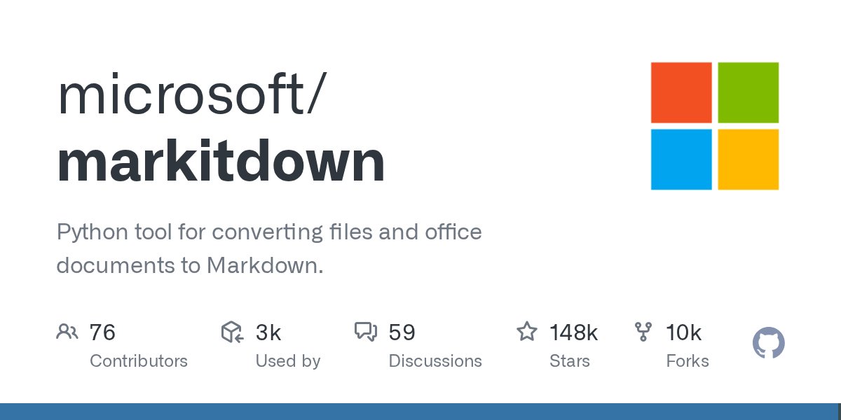 7uanF's tweet photo. MarkItDown de Microsoft convierte archivos y documentos Office a Markdown. Pensado para meterle a LLMs, preserva estructura y contenido. Más ligero que textract y enfocado en mantener la jerarquía del documento intacta. https://t.co/WIO5LZGROp