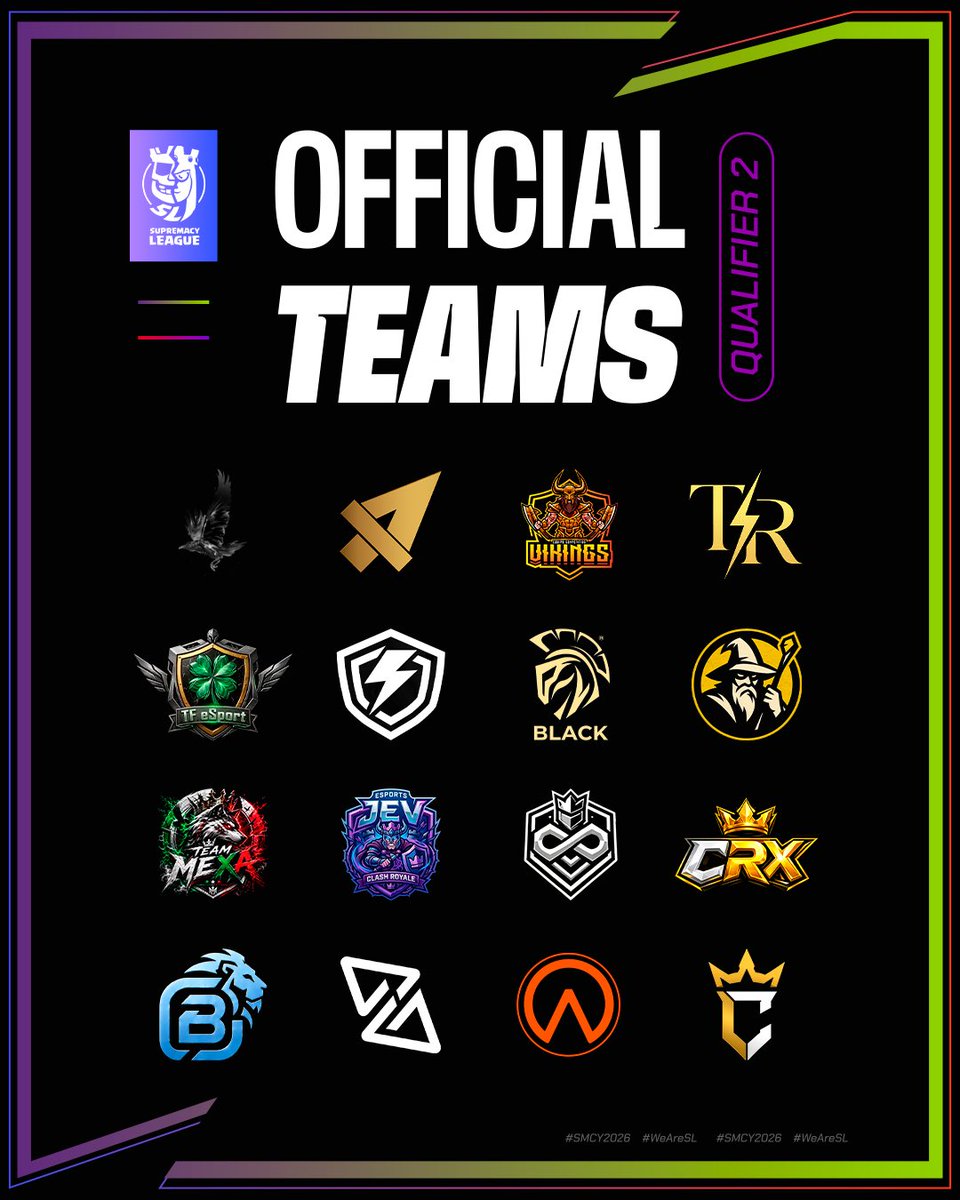 CR_Supremacy's tweet photo. 🟣 𝐎𝐅𝐅𝐈𝐂𝐈𝐀𝐋 𝐓𝐄𝐀𝐌𝐒 - 𝐐𝐔𝐀𝐋𝐈𝐅𝐈𝐄𝐑 𝟐 ⚔️

LAST CHANCE TO QUALIFY FOR SUPREMACY LIGHTNING!!! ⚡🎟️

The road to the league reaches its final stop, and only the strongest will make it through 🏆

We proudly present the 16 teams competing in the 2nd Qualifier 🎯

Good luck to all participants! 🍀

🇮🇹 @Ad_Minchiam_CR
🇵🇪 @AscentGamingGG
🇮🇳 @Conqueror1926 
🇬🇧 @CrownX_Esports 
🇩🇪 @gbesports__ 
🇮🇳 @INFINITY_ESI
🇫🇷 @JEVesportCR 
🇪🇸 @NexodusEc
🇨🇳 @NightCrow_CR 
🇩🇪 @Oddyssey_Black
🇻🇪 @SkStormyCr
🇨🇱 @TDelta_CR
🇲🇽 @Team_Mexa_MX
🇫🇷 @FamilyTrefle
🇲🇽 @TopRankedCR
🇲🇽 @TeamVikings_CR

Welcome to all participating teams! 🏹

#SMCY2026 #WeAreSL #ClashRoyale