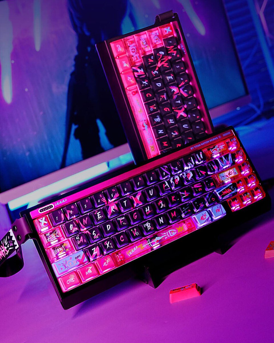 KeysFusion's tweet photo. Jinx energy on your keyboard. Hot pink and electric blue graffiti legends, transparent PC keys with L-shaped RGB windows, and a Jinx enter key that doesn't miss.

Cherry Profile or Nuclear Power. Pick your chaos. https://t.co/ayquiZ7y4t