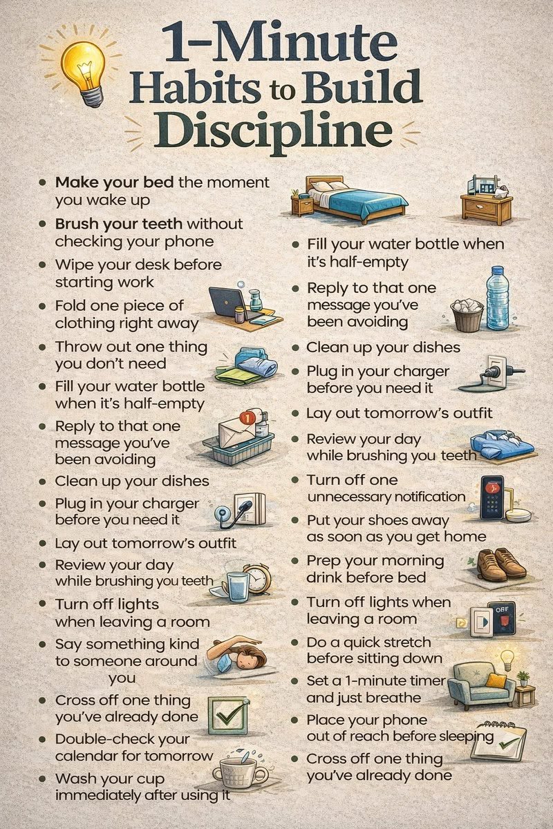 jhonsnow577679's tweet photo. 1 minute habits to build discipline. https://t.co/uBGqDerA4N