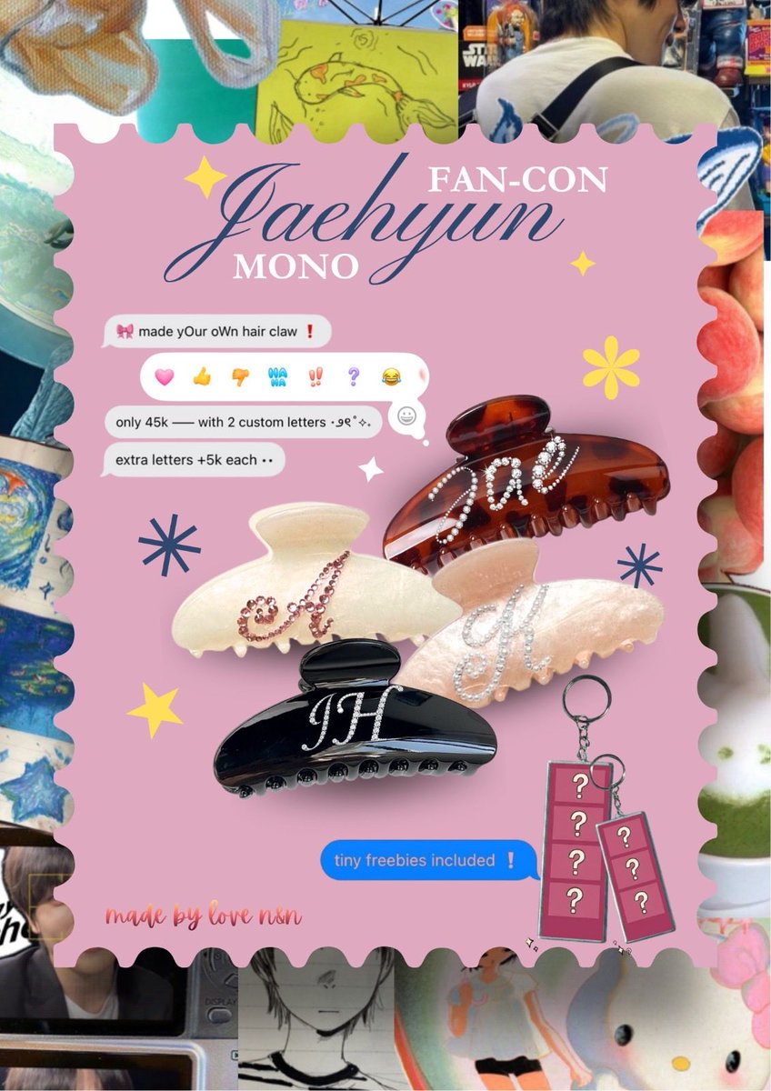 noizeeyy's tweet photo. 🎀 po open 🎀

customized hair claws for jaehyun fancon <mono> jakarta ✧

personalize it with ur chosen letters &amp; we'll prepare a few little freebies for u too 🫶🏻

📋 order form:
https://t.co/Uw7vSPTWWD 

rt's &amp; shares r highly appreciated ♡

#JAEHYUN_MONO
#JAEHYUN_MONO_JAKARTA https://t.co/HqGVjDJzPf