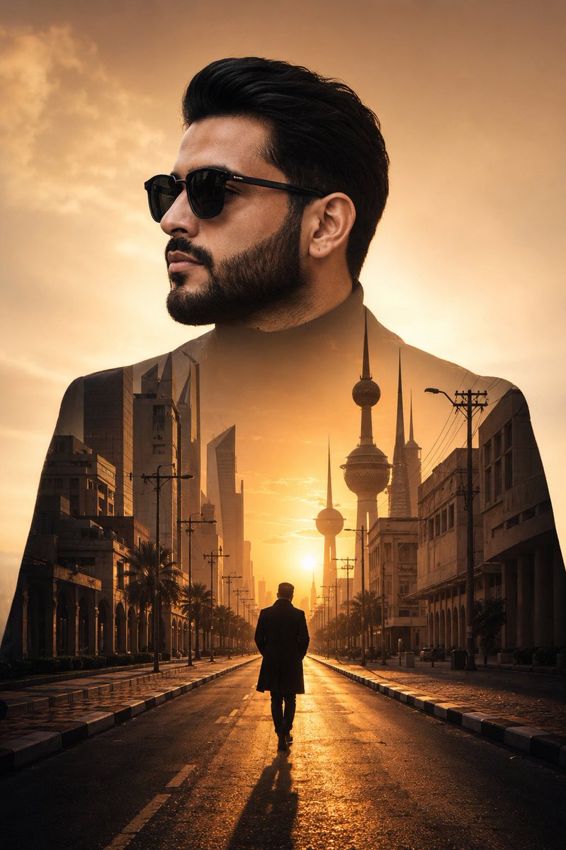 81soud81's tweet photo. تبي نفس الصورة وقت الغروب بالكويت :

" انسخ الكلام + صورتك " ببرنامج :

ChatGpt

Use the uploaded image as a reference (ensuring accurate identification; the face must perfectly match the attached reference image, maintaining the same facial structure, skin tone, expression, and hairstyle (same cut and type)) to create a hyperrealistic double-exposure cinematic portrait of the subject, with a clean left profile, sharp jawline, and clearly defined natural facial structure. The outer frame is dark and well-defined against a soft, warm beige sunset background. Within the frame, seamlessly blend in a dramatic scene of an architectural urban street at sunset, featuring landmarks of Kuwait: the same person walking alone in the middle of a Kuwait City thoroughfare, with symmetrical perspective lines, modern Kuwaiti buildings on either side, a beautiful pavement scattered along the road, and utility poles and cables stretching to the horizon. The sun is directly behind the subject, creating a strong backlight and a long, extended shadow towards the camera.

The warm orange sunlight floods the inner cityscape, creating high contrast, cinematic depth, realistic texture, and seamlessly blended edges between the image and the environment. A gloomy yet hopeful atmosphere, 8K resolution, sharp details, smooth short scene.