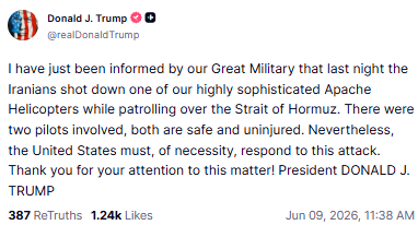 bonzerbarry's tweet photo. Trump announces that it was Iran that shot down the Apache off the coast of Oman, and that the US must respond. https://t.co/lFHRu6HRsE
