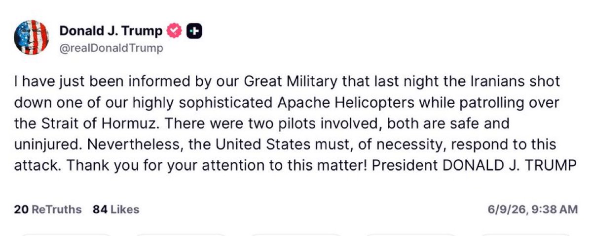 NTarnopolsky's tweet photo. 🌑#Breaking: Trump says Iran shot down an US Apache helicopter last night and "the United States must, of necessity, respond to this attack." https://t.co/iQv6X7ehx1