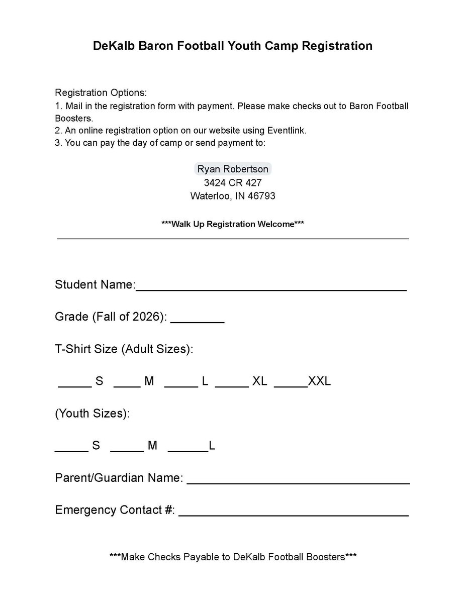 DeKalbWTL's tweet photo. DeKalb Baron Football Youth Camp is June 15-18 from 10 AM to noon. It is open to students in grades K-8. The cost is $50, which includes a t-shirt.

Register today at https://t.co/gYQx0zhYDR.
Information: https://t.co/6nyFvUeYY7 https://t.co/cIANt8JVE6