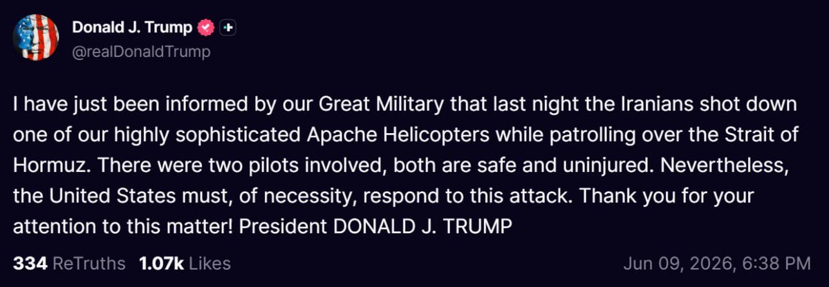 officialrnintel's tweet photo. 🇺🇸🇮🇷⚡️- BREAKING: President Trump announces that Iran shot down the AH-64 Apache patrolling the Strait of Hormuz, and the United States “must, of necessity,
respond to this attack.” https://t.co/VIPKILZ2a7