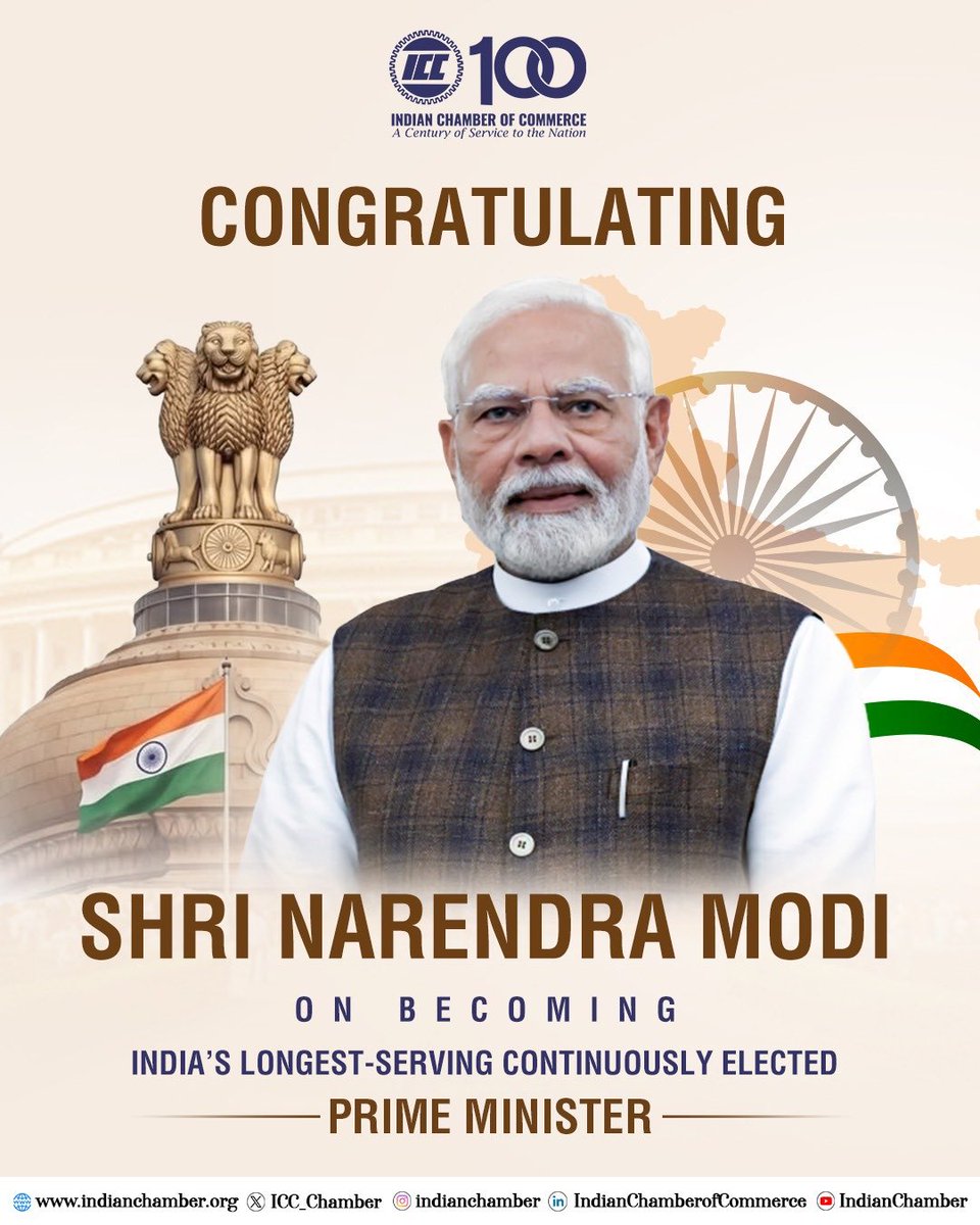 ICC_Chamber's tweet photo. Indian Chamber of Commerce applauds the spirit of perseverance and dedication that continues to inspire India’s growth story.

May this milestone strengthen our nation’s journey towards innovation, inclusivity, and global excellence.

#ViksitBharat #NarendraModi #MakeInIndia #IndianChamberOfCommerce #GlobalExcellence 

@narendramodi | @PMOIndia | @NaMo4PM | @mygovindia | @ModiKaParivaar_
