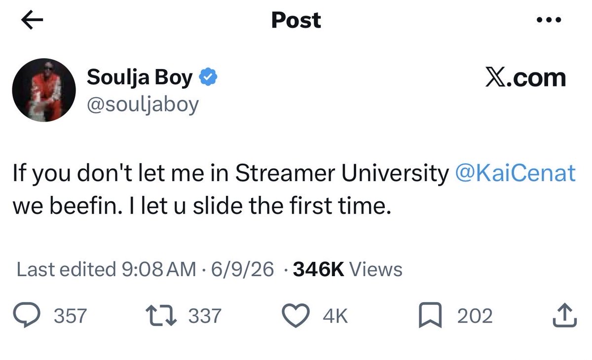 AkademiksTV's tweet photo. Soulja Boy tells Kai Cenat to let him join Streamers University https://t.co/nmbk2m847k