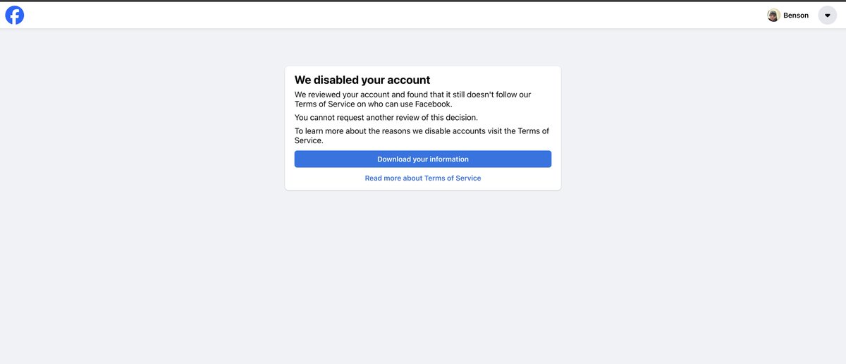 ch3mson's tweet photo. @Meta Recently my brother downloaded malware on my computer and since then, my Discord, Riot Games, and now, my facebook/Instagram accounts has been disabled. There was an option to appeal within 180 days by uploading my ID, but it said someone had already submitted it. The 'Appeal' link also leads to the other disabled account screenshot now, with no option to upload anything. I have 2FA across everything as well, so I doubt anyone actually got inside of my account.

Appreciate bumps to @Meta