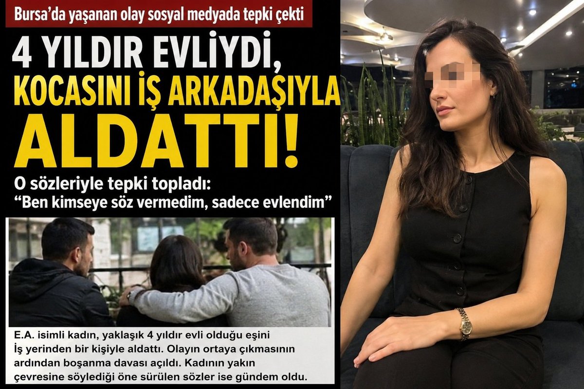 hatunebrukaya's tweet photo. Bursa'da yaşanan olay sosyal medyada tepki çekti.

İddiaya göre E.A. isimli kadın, yaklaşık 4 yıldır evli olduğu eşini iş yerinden bir kişiyle aldattı.

Olayın ortaya çıkmasının ardından  kadının sözleri dikkat çekti:

"Ben kimseye söz vermedim, sadece evlendim." https://t.co/EIpgcfCVCY