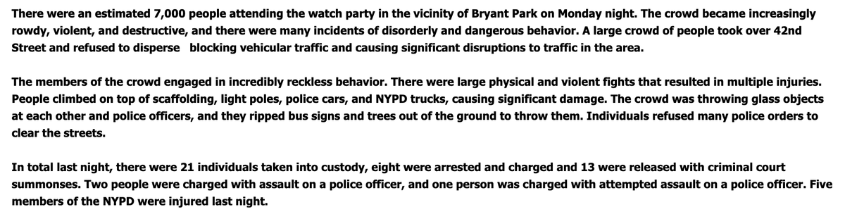 MaddySkye's tweet photo. In a statement sent to Axios San Antonio, NYPD says about 7,000 people attended last night's Spurs-Knicks watch party near Bryant Park. 

Police say there were multiple fights, property damage, traffic disruptions, 21 people arrested and injuries to five officers. https://t.co/8mp8tHgG12