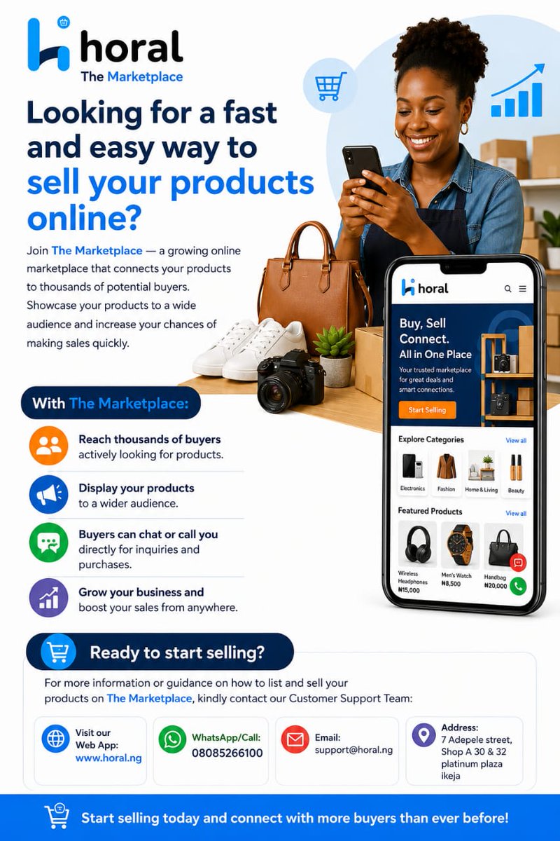 temok0_'s tweet photo. Looking for a fast and easy way to sell your products online?

Join The Marketplace — a growing online marketplace that connects your products to thousands of potential buyers. Showcase your products to a wide audience and increase your chances of making sales quickly.

With The Marketplace:
• Reach thousands of buyers actively looking for products.
• Display your products to a wider audience.
• Buyers can chat or call you directly for inquiries and purchases.
• Grow your business and boost your sales from anywhere.

Ready to start selling?

For more information or guidance on how to list and sell your products on The Marketplace, kindly contact our Customer Support Team:

🌐 Visit our Web App: https://t.co/oe25Bb2wT6
📞 WhatsApp/Call: 08085266100
📧 Email: support@horal.ng

Start selling today and connect with more buyers than ever before!