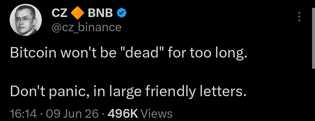 Eze_Wilberforce's tweet photo. CZ just said that Bitcoin won't be 'dead' for too long. https://t.co/eQBX5ljr47