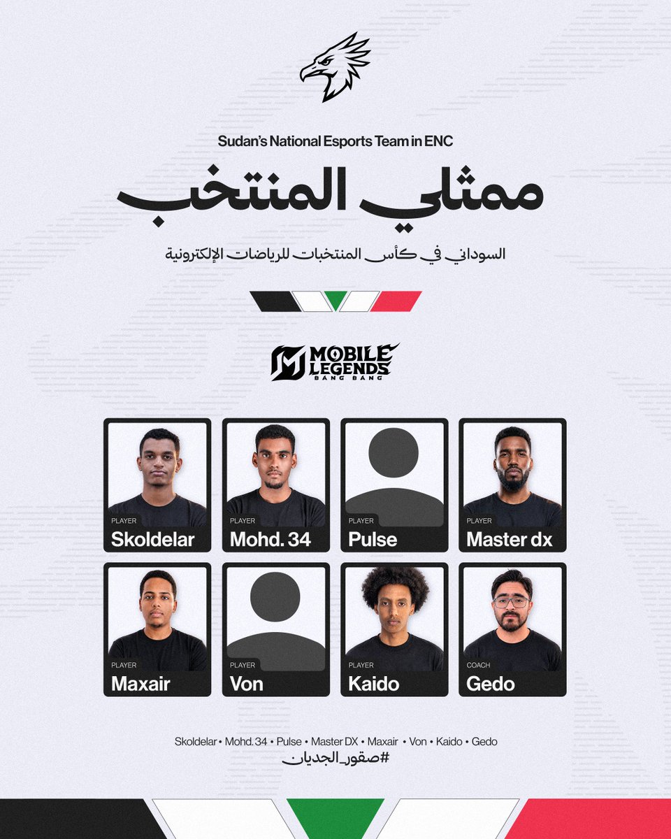 SudaneTeam's tweet photo. نـسـتعـد لتـحـدٍ جـديـد 🇸🇩

القائمة الرسمية للمنتخب السوداني المُشارك في كأس المنتخبات للرياضات الإلكترونية للعبة موبايل لجندز ⚔️📱

🦅@motazmadani07 
🦅@moam1105 
🦅@Nova_so_op_1 
🦅@Masterdx99 
🦅@Ahmed_maxer 
🦅Von
🦅@fal8afaaaa 
🧠@SiGedo01 

#صقور_الجديان | #MLBB https://t.co/ESGoeJiuC6