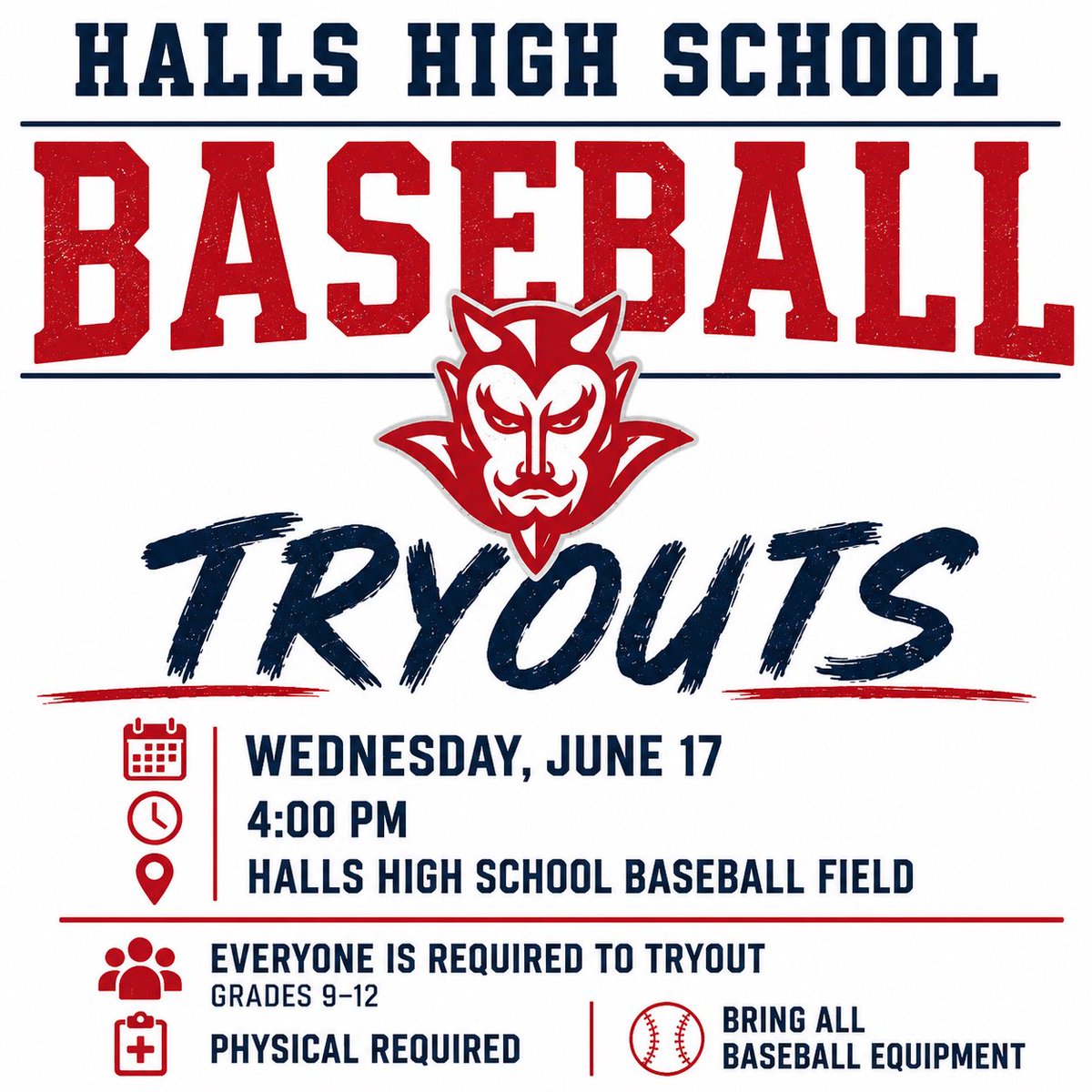 Halls_Baseball's tweet photo. HHS tryouts will be held on Wednesday June 17th at 4:00 PM. There will be a second tryout date!!
#hallshasit #godevs https://t.co/C8G40ebjza