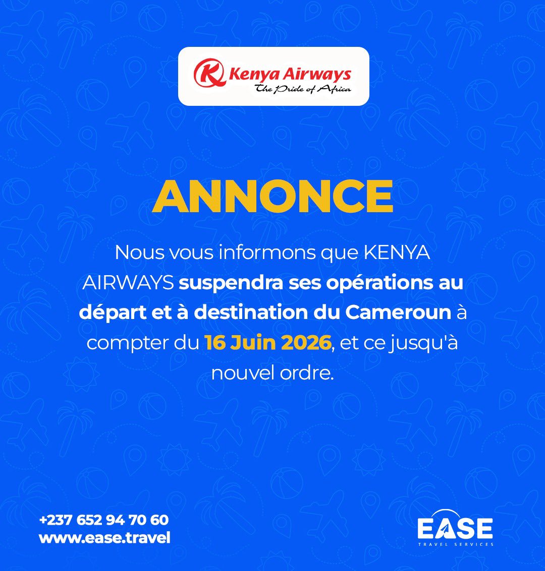EaseFlight's tweet photo. 🚨🚨

𝐍𝐨𝐮𝐬 𝐯𝐨𝐮𝐬 𝐢𝐧𝐟𝐨𝐫𝐦𝐨𝐧𝐬 𝐪𝐮𝐞 𝐥𝐞𝐬 𝐯𝐨𝐥𝐬 𝐝𝐞 𝐊𝐞𝐧𝐲𝐚 𝐀𝐢𝐫𝐰𝐚𝐲𝐬 𝐚𝐮 𝐝é𝐩𝐚𝐫𝐭 𝐞𝐭 à 𝐝𝐞𝐬𝐭𝐢𝐧𝐚𝐭𝐢𝐨𝐧 𝐝𝐮 🇨🇲 𝐬𝐞𝐫𝐨𝐧𝐭 𝐬𝐮𝐬𝐩𝐞𝐧𝐝𝐮𝐬 à 𝐜𝐨𝐦𝐩𝐭𝐞𝐫 𝐝𝐮 𝟏𝟔 𝐣𝐮𝐢𝐧 𝟐𝟎𝟐𝟔, 𝐞𝐭 𝐜𝐞 𝐣𝐮𝐬𝐪𝐮’à 𝐧𝐨𝐮𝐯𝐞𝐥 𝐨𝐫𝐝𝐫𝐞. 1/ https://t.co/vU4F3iReBO