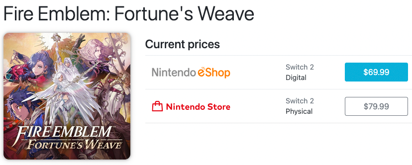Nintendeal's tweet photo. Fire Emblem: Fortune's Weave is $69.99 digital / $79.99 physical https://t.co/RR1aZeYVYP https://t.co/c5gv4Da3F3