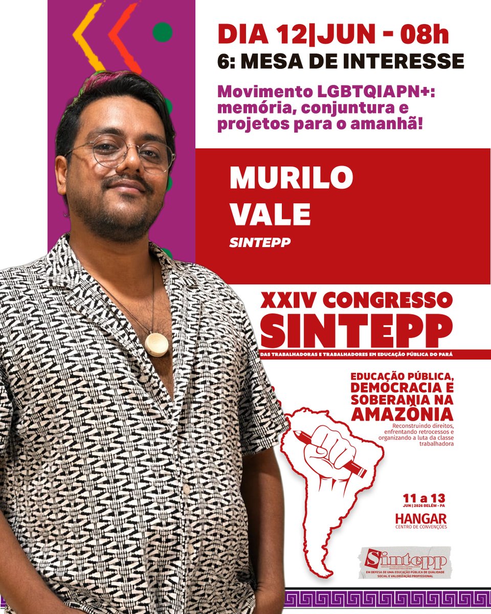 Sintepp's tweet photo. Mesa de Interesse - XXIV Congresso do Sintepp

Movimento LGBTQIAPN+: memória, conjuntura e projetos para o amanhã!

12/jun - 8h https://t.co/qtkn4ptM2B