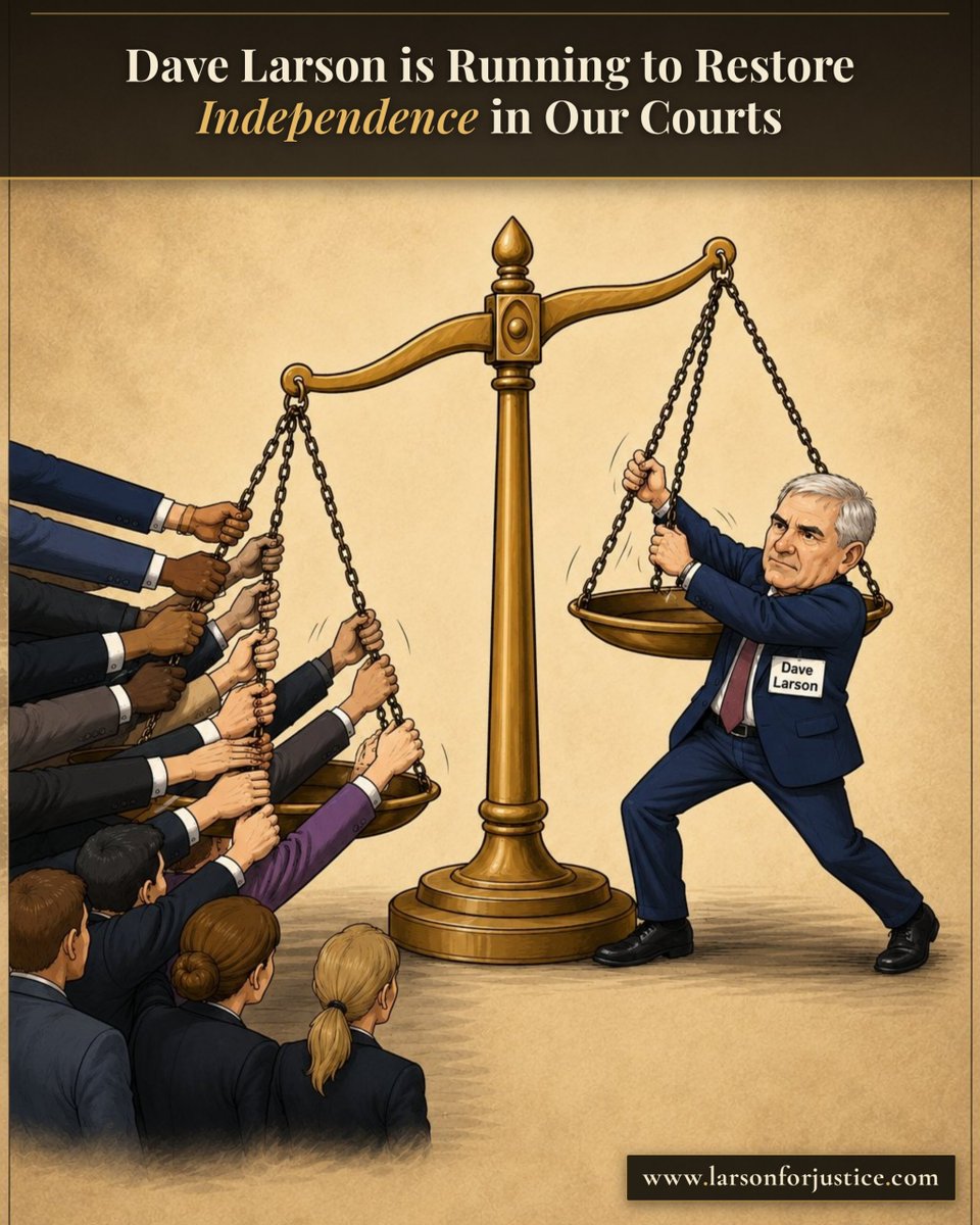 larsonforwa's tweet photo. When powerful interests press their thumb on one side of the scales of justice, someone has to push back. 

Today, Judge Dave Larson released a statement regarding the growing concerns in Washington on the independence of our judiciary and on our implementation of Judicial elections in our state.  

"The judicial branch belongs to the people. Not to a party. Not to whoever holds power." Read Judge Larson's full statement here: https://t.co/H5nbZZX79R