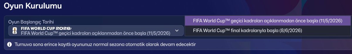 theFMU's tweet photo. #FM26'ya gelen yeni güncellemeyle birlikte 8 Haziran 2026 tarihinde ve nihai Dünya Kupası kadrolarıyla başlama seçeneği geldi. https://t.co/bdhfrP9LgH