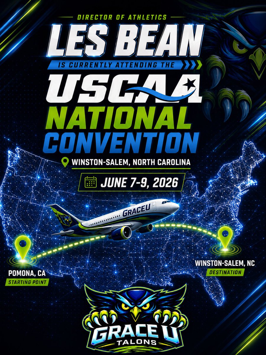graceutalons's tweet photo. ✈️ // 𝑻𝑯𝑬 𝑱𝑶𝑼𝑹𝑵𝑬𝒀 𝑪𝑶𝑵𝑻𝑰𝑵𝑼𝑬𝑺

From Pomona, CA to Winston-Salem, North Carolina, Grace U Athletics is represented on the national stage.

Director of Athletics Les Bean is attending the USCAA National Convention, shaping the future of the Talons.

#TalonsUp🦉 https://t.co/huDCLwAZL9