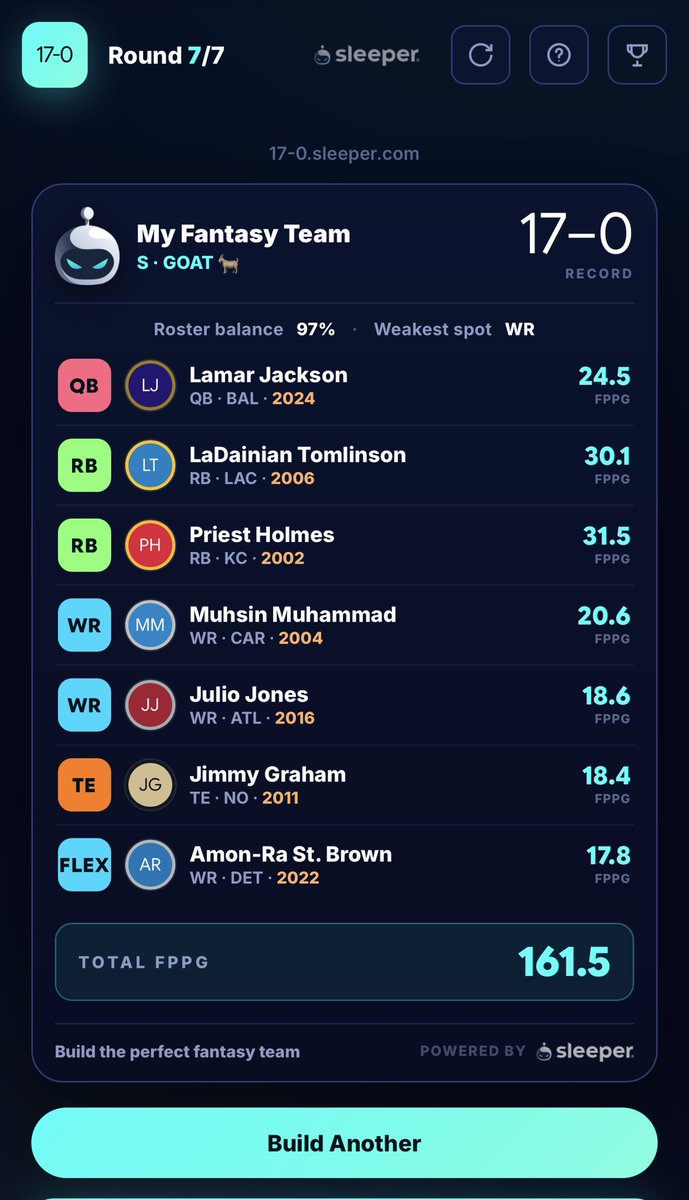 Kyle_G13's tweet photo. @SleeperHQ my masterpiece after days of grinding. Came down to final roll and Jimmy Graham came through for me 🙌🏼 https://t.co/ucUtkjU1QE