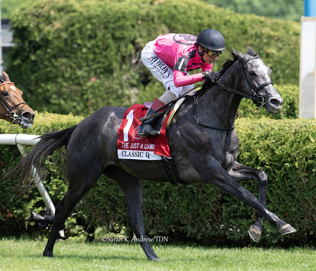 theTDN's tweet photo. CLASSIC Q ✨ Winner of the GI Just a Game Stakes

Last seen securing her first graded win on Kentucky Derby Day in the GII Longines Churchill Distaff Turf Mile Stakes, the @markecasse-trained 4-year-old daughter of Classic Empire doubled up on Belmont Stakes Day, capturing the $500,000 GI Just a Game Stakes at Saratoga in front-running fashion.

She became the third Grade I winner for her trainer during the Belmont Stakes Racing Festival, following Counting Stars (Honor A. P.) in the GI DraftKings Acorn Stakes and Nitrogen (Medaglia d'Oro) in the GI Ogden Phipps Stakes.

Securing a career-first Grade I victory, Classic Q finished 1 1/4 lengths on top while getting the mile in 1:32.84. The course record, set in 2019 by Got Stormy, is 1:32.

The former $40,000 Keeneland September yearling has earned $1,349,865 in her 15-start career with five wins, three seconds and a third.

Bred by Winning Bloodstock, Classic Q is owned by Gary Barber, Blue Crevalle Racing, and Eclipse Thoroughbred Partners. She was ridden by @ljlmvel.

ICYMI - Read more: https://t.co/nLSIuzawj8
