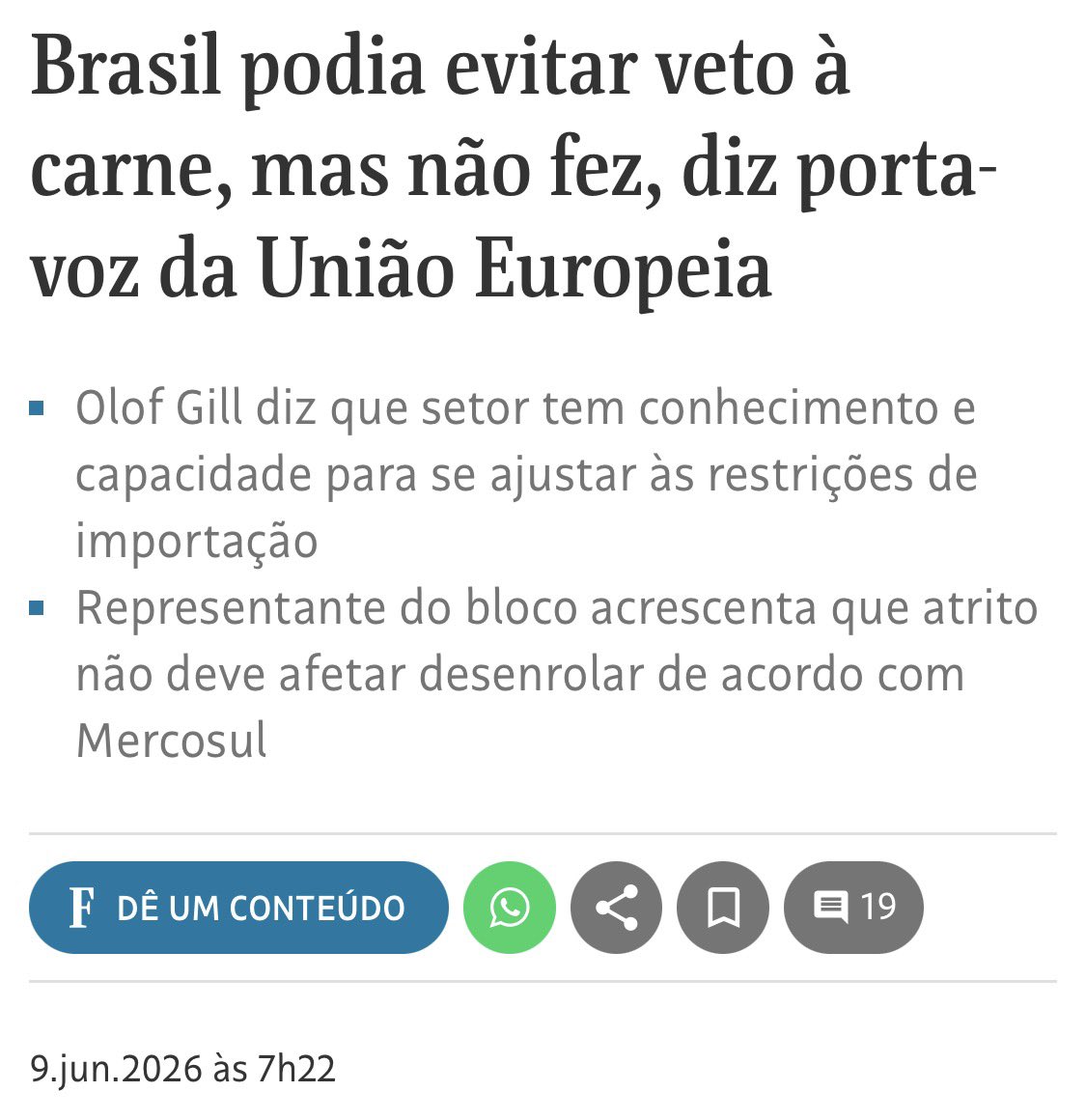 luizcl_souza's tweet photo. LULA SABOTOU O AGRO. A União Europeia avisou o Brasil sobre a possibilidade de vetos à importação de carne e soja, mas Lula não implementou as mudanças para se adaptar às restrições, mesmo tendo capacidade para isso, foi o que afirmou Olof Gill, porta-voz da UE para comércio. https://t.co/Kwp4wRCMQV