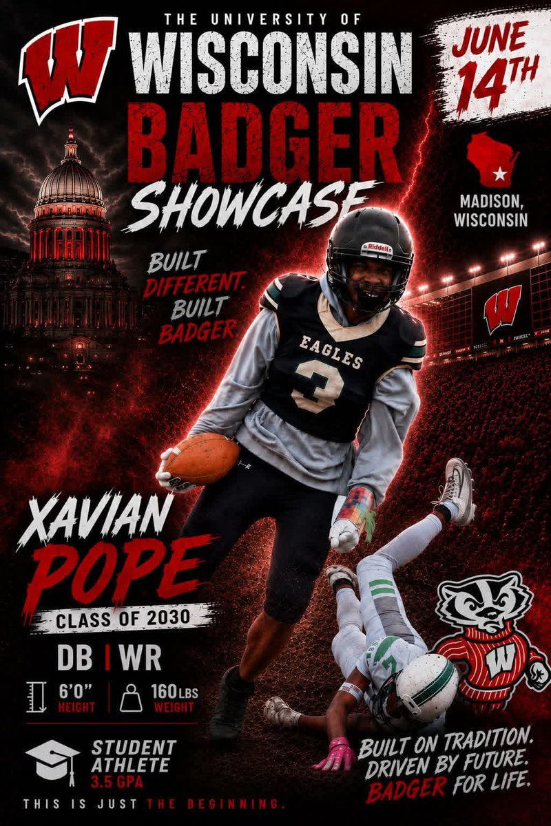 XavianPope's tweet photo. I'll be in Madison this week as I will take part in the University of Wisconsin Badger Showcase. Looking forward to seeing how I will match up against top players from within my home state. Let's work!!!!
 @AntonGraham_ @MaxPreps @AlPopsFootball @MJ_NFLDraft @WisFBRecruiting https://t.co/pfgX7YetQw
