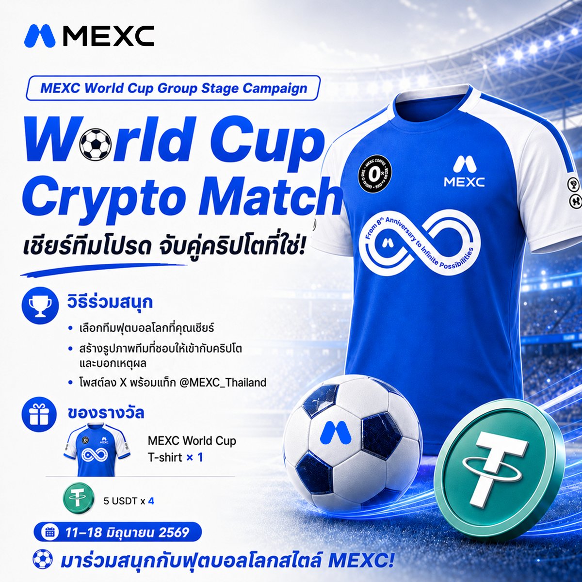 MEXC_Thailand's tweet photo. MEXC World Cup Group Stage Campaign ⚽️🌍

Mini Game: World Cup Crypto Match 🔥
เลือกทีมฟุตบอลโลกที่คุณเชียร์ พร้อมจับคู่กับคริปโตโทเคนที่ใช่ที่สุด!

🎯 วิธีร่วมสนุก 
⚽ เลือก 1 ทีมฟุตบอลโลกที่คุณชื่นชอบ 
💬 สร้างรูปภาพ + บอกเหตุผลทำไมถึงเชียร์ทีมนี้
🪙 จับคู่ทีมกับคริปโตโทเคนที่คิดว่าเหมาะที่สุด
📲 โพสต์ลง X พร้อมแท็ก @MEXC_Thailand 

🔗 คอมเมนต์ลิงก์โพสต์ผลงานใต้โพสต์กิจกรรม
🆔 แจ้ง UID และแท็กเพื่อน 1–2 คน

📌 เงื่อนไข
✅ Follow X ของ  @MEXC_Thailand
✅ Like & Retweet โพสต์กิจกรรม
✅ เป็นสมาชิก MEXC

🎁 ของรางวัล 
• MEXC World Cup T-shirt × 1 รางวัล
• 5 USDT × 4 รางวัล

🏆 คัดเลือกจากคำตอบที่สร้างสรรค์ สนุก และเชื่อมโยง Football x Crypto ได้โดนใจทีมงานที่สุด

📅 ระยะเวลา: 11 – 18 มิถุนายน 2569
📢 ประกาศผล: หลังจบกิจกรรมฟุตบอลโลก 2026

มาเลือกทีมที่ใช่ แล้วแมตช์กับคริปโตไปด้วยกัน! ⚽️
#MEXC #WorldCup