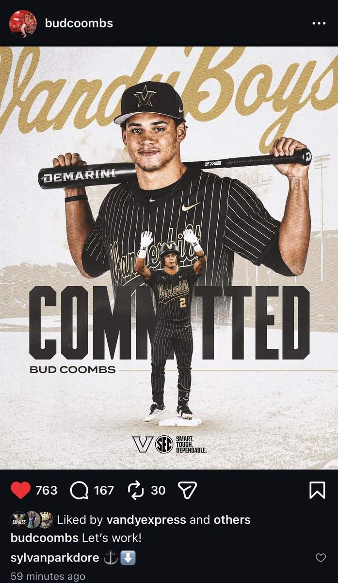 AlexKurbegov's tweet photo. There’s the big splash vandy fans have been waiting for.

Coombs came in and tore up things up to the tune of a .360 BA and an absolutely ridiculous 1.270 OPS (after missing the offseason with an injury)

He will also focus solely on baseball at vandy https://t.co/T1hvsSFGLg