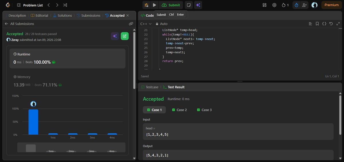 BlueDream1324's tweet photo. Day 9  |  #SDESheetChallenge 🔥Solved Today's Challenges:   
 LeetCode 206. Reverse Linked List  
LeetCode 21. Merge Two Sorted Lists
876. Middle of the Linked List
@striver_79
@takeUforward_
#DSA #LeetCode #SDESheetChallenge https://t.co/TXODlF2wbd