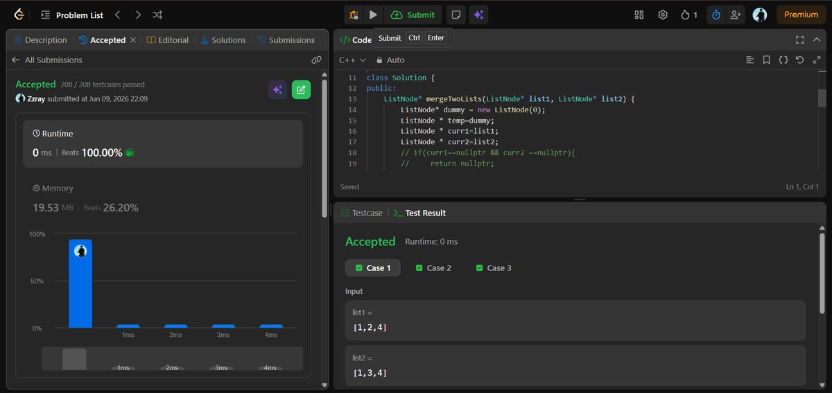 BlueDream1324's tweet photo. Day 9  |  #SDESheetChallenge 🔥Solved Today's Challenges:   
 LeetCode 206. Reverse Linked List  
LeetCode 21. Merge Two Sorted Lists
876. Middle of the Linked List
@striver_79
@takeUforward_
#DSA #LeetCode #SDESheetChallenge https://t.co/TXODlF2wbd