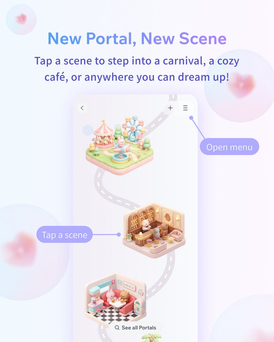 FlozeAI's tweet photo. Dream Portals are here 🎪
Pull your favorite character into a whole new world, create unique scenarios, and explore side stories together.
Check the in-app announcement for all the details 💜 https://t.co/xxdlGlN5Lb