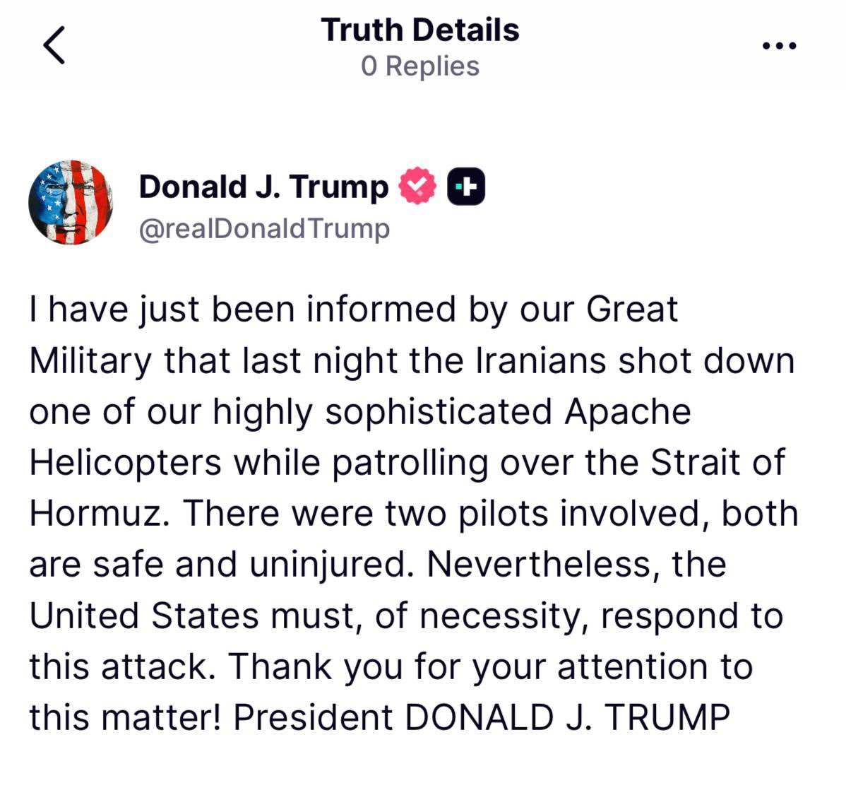 cryptorover's tweet photo. 💥BREAKING: 🇺🇸 🇮🇷 President Trump says Iran was responsible for downing the U.S. Apache helicopter overnight and warns that U.S. will respond. https://t.co/1mvHRNykra
