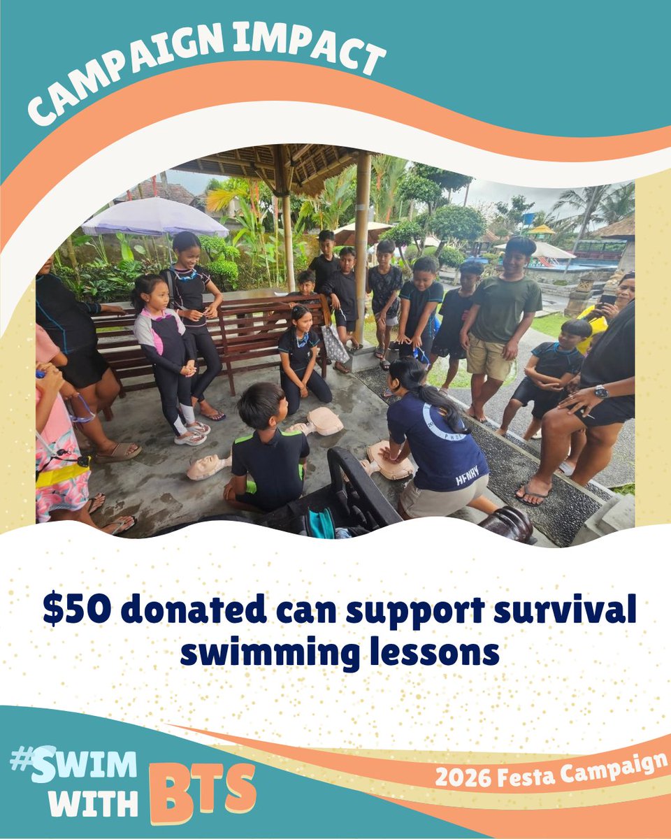 OneInAnARMY's tweet photo. Swimming lessons with @SwimTayka isn't only to learn how to swim, but to save yourself and others. Remember, safety first, safety second and coolness third 🫡

With your donations so far, 1️⃣0️⃣0️⃣ survival swimming lessons could be taught. You nice keep swimming! #SwimWithBTS https://t.co/CUz6nlYnUp