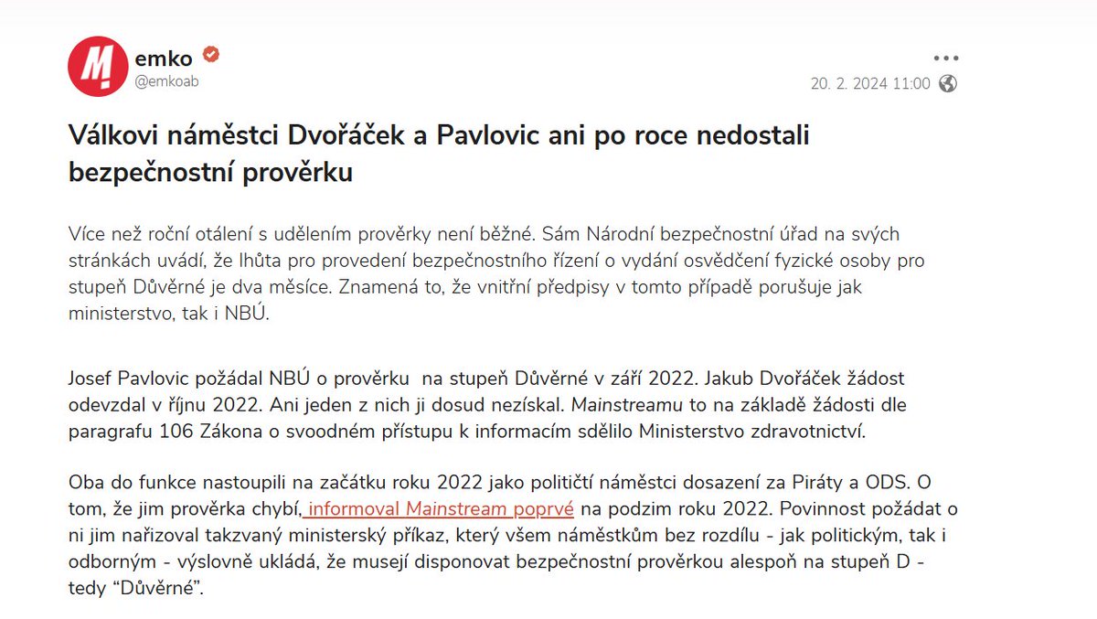 GeGvendy's tweet photo. Jakou má kvalifikaci  Šejna a Kubásek fakt nevím, co mě ovšem zaráží je to, že za minulé vlády novinářům nevadilo, že Úřad vlády za Fialy v rozporu se zákonem odmítal vůbec sdělit KDO  na ÚV pracuje! A to konkrétně ve Stratkomu. Takže ani nešlo prověřit, jestli k tomu vůbec nějakou kvalifikaci mají.  A jak se později ukázalo, špehovali tam tihle utajení referenti pomocí Gerulaty na sítích - to nevadilo? 

O tom, že Piráti si do pozice náměstka na ministerstvu zdravotnictví (opakuji NÁMĚSTKA) dosadili Pavlovice jehož pracovní zkušenosti byly recepční a event manager  u společnosti Léčebné lázně Mariánské Lázně, to taky nevadilo. Dnes tento člověk sedí v ve správní radě VZP! Což je už úplný výsměch.  

Nemluvě o tom, že za celou dobu, kdy byl v pozici náměstka nedostal prověrku, ani on ani jeho kolega Dvořáček (mmch absolvent Husitské teologické fakulty), který na ministerstvo zdravotnictví přišel z pozice výkonného ředitele Asociace inovativního farmaceutického průmyslu. Potenciální střet zájmů jako prase a taky neměl povinnou prověrku. 

Ale my budeme řešit Šejnu, asi aby na socky nepsal proruské statusy :-D ... 
https://t.co/5VYQnadNnj