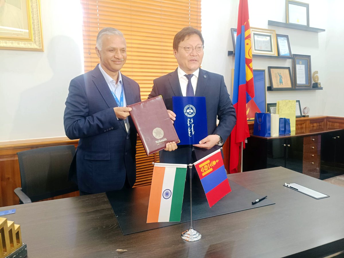 DDNewslive's tweet photo. Nalanda University signed an important MoU with the National University of Mongolia on Tuesday. Signed by Professor Sachin Chaturvedi, Vice Chancellor of Nalanda University, and Professor Baatarchuluun Tsermaa, Vice President for Research and Cooperation, National University of Mongolia, this MoU would bridge the ancient wisdom of Nālandā with Mongolia's foremost institution of higher learning. 

@nalanda_univ @Sachin_Chat @tanvitaneja10