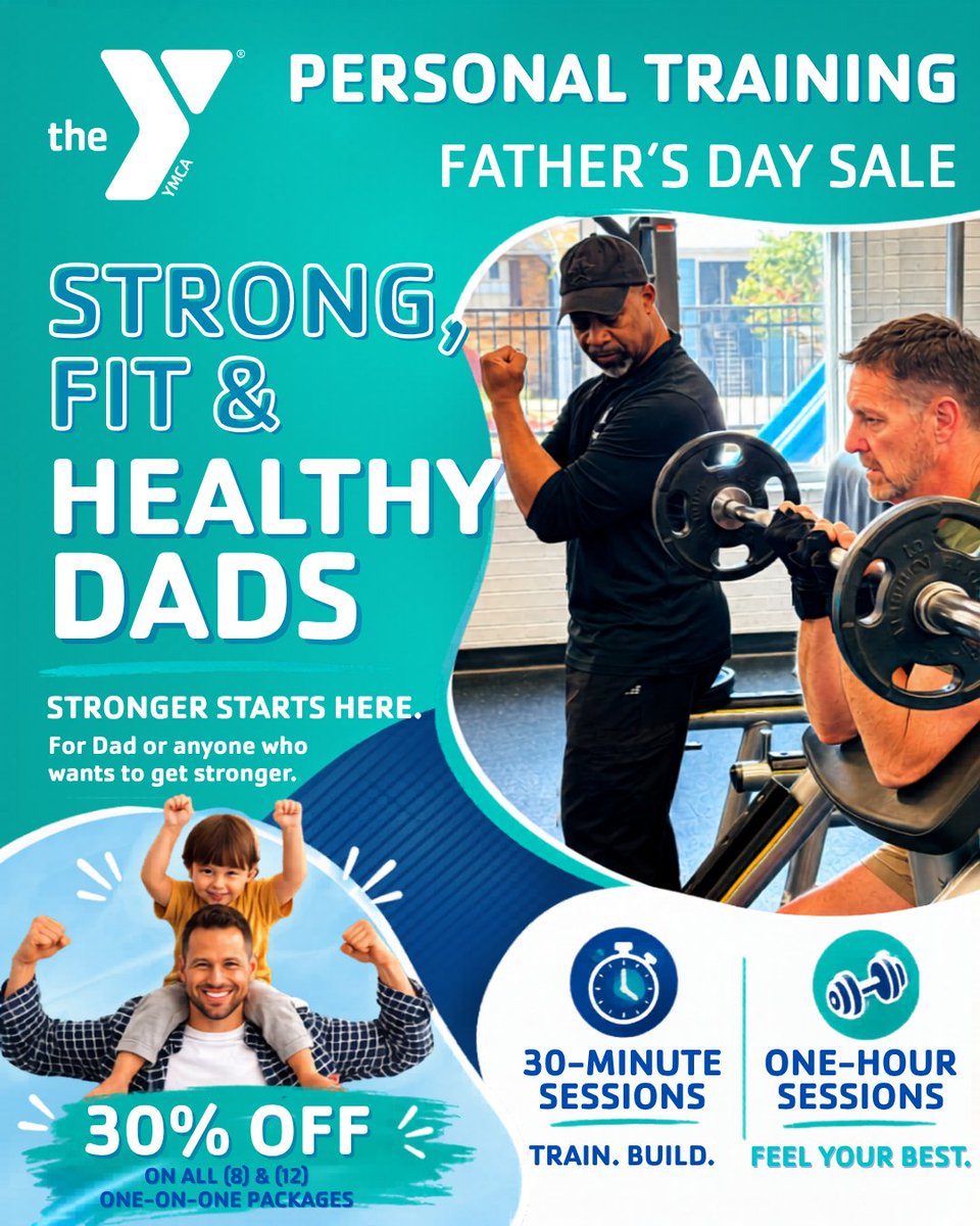 AMAYMCA's tweet photo. 💪 Dads, this one’s for you - now is the perfect time to take the next step in your fitness journey.
Purchase here: https://t.co/PuBoAgiE3J
🏋️‍♂️ Save 30% on select one-on-one personal training packages through June 20 https://t.co/JJhs1Y70CY
