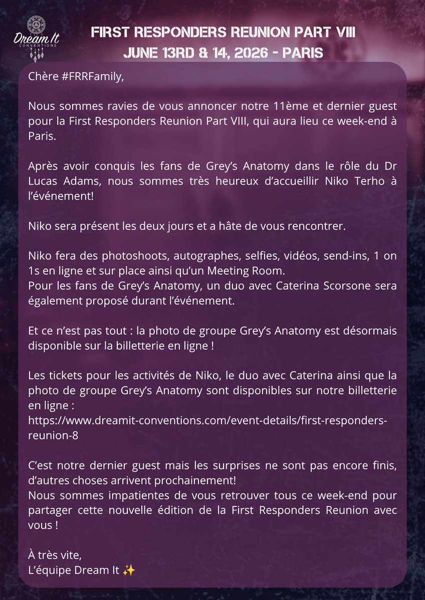 DreamitCon's tweet photo. We are thrilled to announce our 11th and final guest for First Responders Reunion Part VIII, taking place this weekend in Paris! 
After winning over Grey’s Anatomy fans as Dr. Lucas Adams, we are very excited to welcome Niko Terho to the event!
Niko will be attending both days and can’t wait to meet all of you.
His tickets are already available : https://t.co/w1DupXGuPW
// 
Nous sommes ravies de vous annoncer notre 11ème et dernier guest pour la First Responders Reunion Part VIll, qui aura lieu ce week-end à Paris.
Après avoir conquis les fans de Grey’s Anatomy dans le rôle du Dr Lucas Adams, nous sommes très heureux d’accueillir Niko Terho l’événement!
Niko sera présent les deux jours et a hâte de vous rencontrer.

Ses billets sont déjà disponibles sur la billetterie : https://t.co/w1DupXGuPW