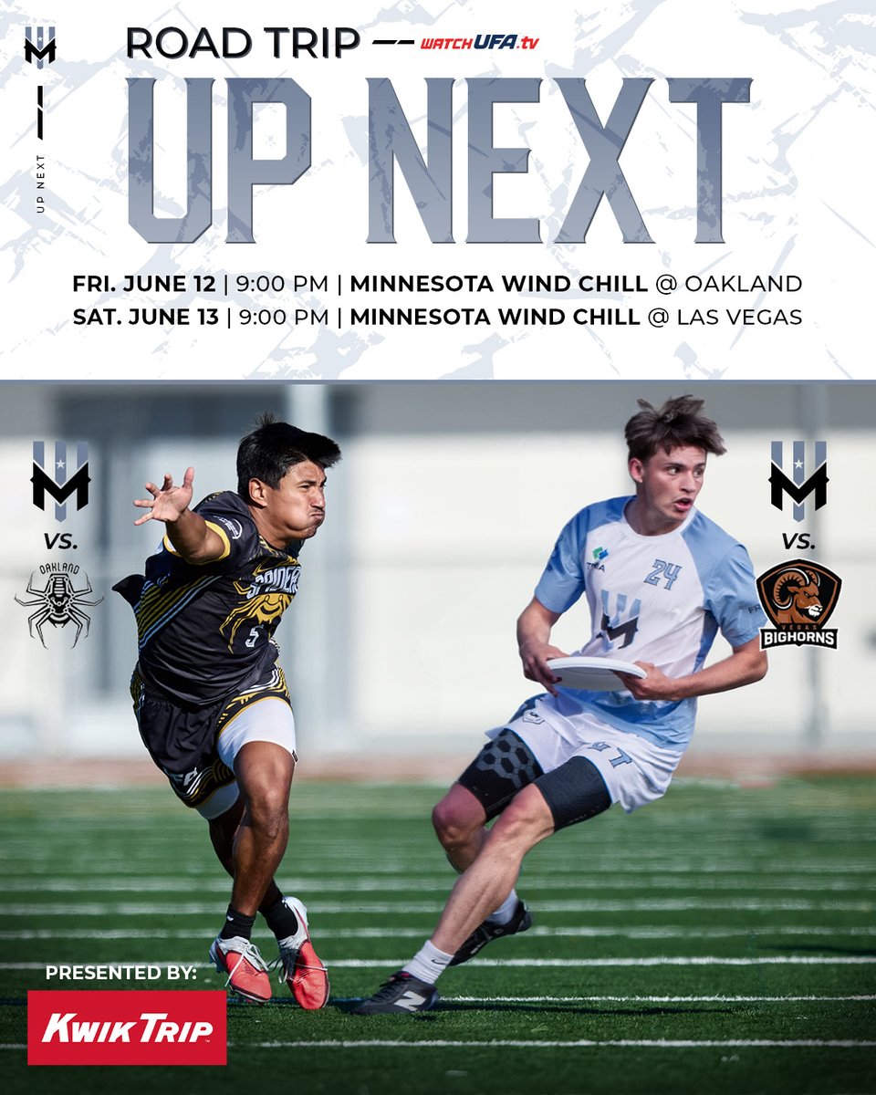 mnwindchill's tweet photo. ANOTHER ROAD TRIP WEEKEND ✈️🚗

🆚 @OaklandSpiders  🕷️
📅 Fri, June 12 | 9 PM CST
📺 UFA Game of the Week on YouTube
🆚 @Vegas_Bighorns  🐏
📅 Sat, June 13 | 9 PM CST
📺 https://t.co/Jql6Hf9EW2
Two road battles, starting with undefeated Oakland 🔥
#bundleup #letsgochill https://t.co/SiLOGB8oVI