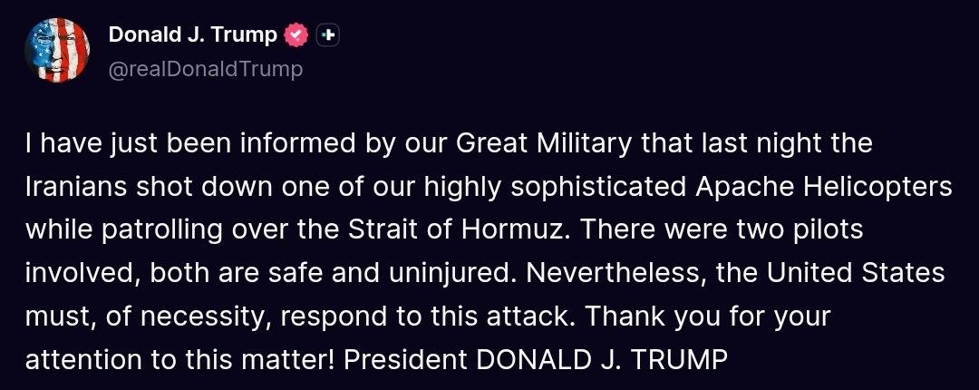 Glenn_Diesen's tweet photo. Trump confirms that Iran brought down a US Apache helicopter https://t.co/mLRgV1SBEr