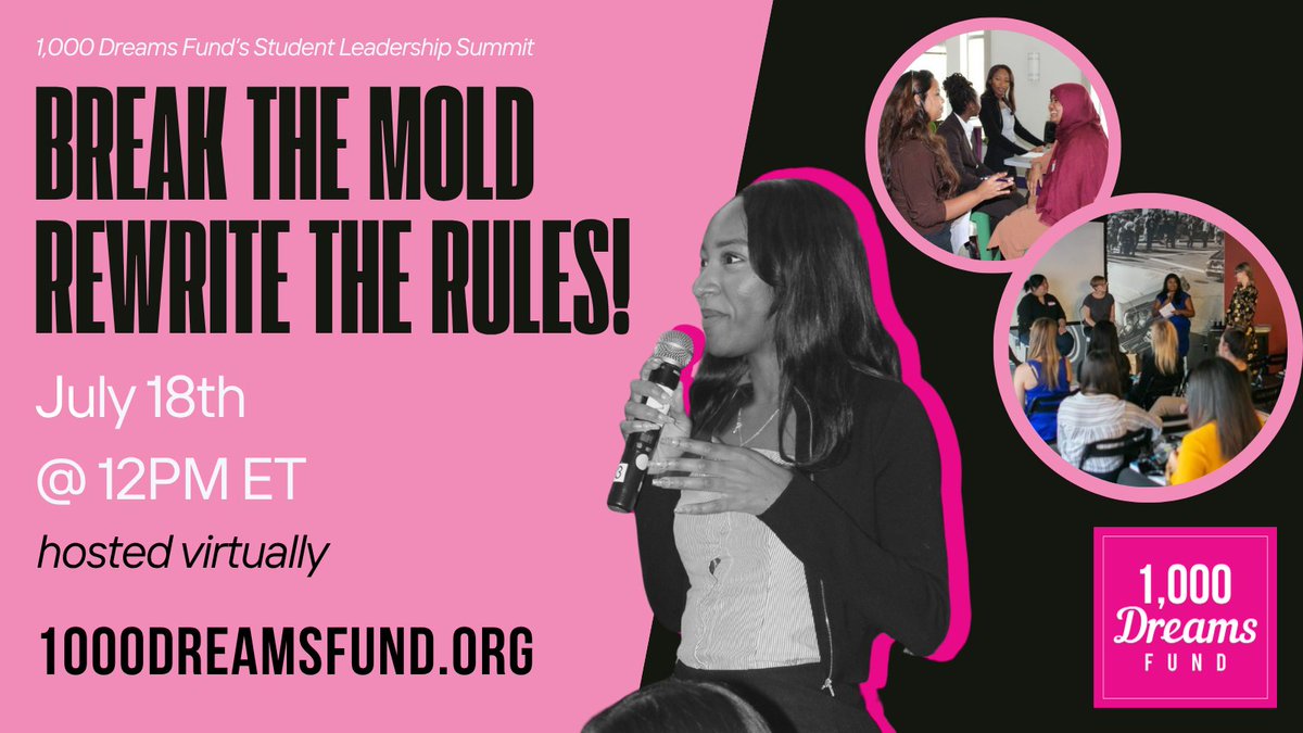 1000DreamsFund's tweet photo. ✨ Leadership doesn’t happen by following the script, it happens when you dare to write your own.

Join 1,000 Dreams Fund for our annual Student Leadership Summit, a dynamic day built to spark new ideas, fuel your ambition, and connect you with fellow changemakers ready to lead fearlessly.

📢 First 150 registrants entered to win one of our $50 gift cards!
📅 Saturday, July 18
⏰ 12PM ET | 11AM CT | 9AM PT
🔗 Register now: https://t.co/tRUmAQTI6U