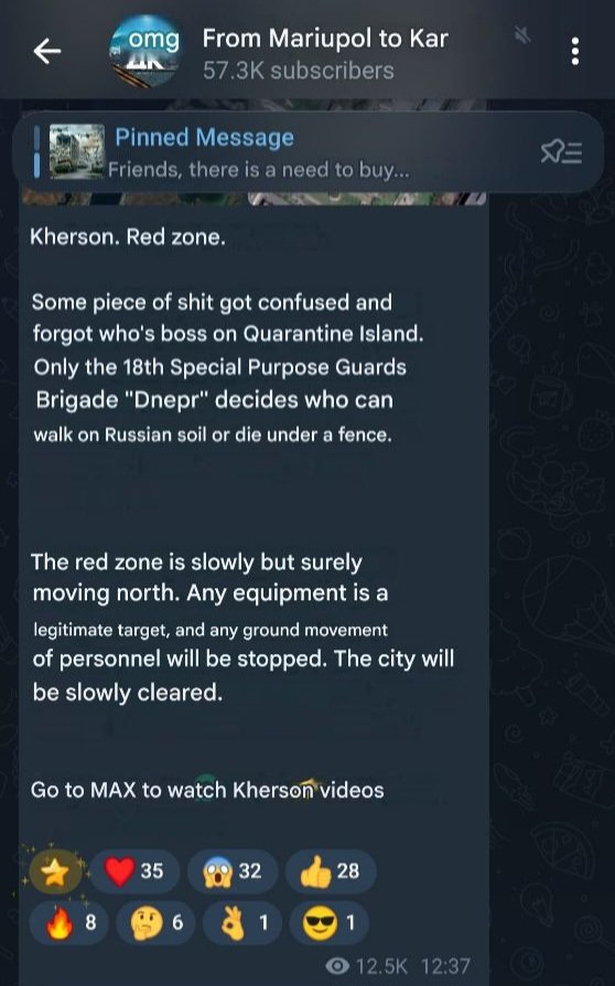 BohuslavskaKate's tweet photo. Russian Z propaganda tg-channel "From Mariupol to the Carpathians" has published a video showing a drone strike on a civilian in Kherson. Out of respect for the victim, I will not be posting the video here.

​The video is accompanied by an absolutely sadistic post:

"Kherson. Red zone.
​Some piece of shit crossed the line and forgot who the master of Karantynny Island is. Only the UAVs of the 18th Combined Arms Army of the "Dnepr" Group of Forces decide who gets to walk on Russian land or die under a fence.
​The red zone is slowly but surely moving north; any equipment is a legitimate target, and any movement of manpower on the ground will be suppressed. The city will be slowly cleansed."

This feral cruelty, this inhuman malice, this is what Ukrainians fight against every single day. This is something we can never submit to, because on the other side of occupation, under the rule of these monsters, nothing but death awaits us.