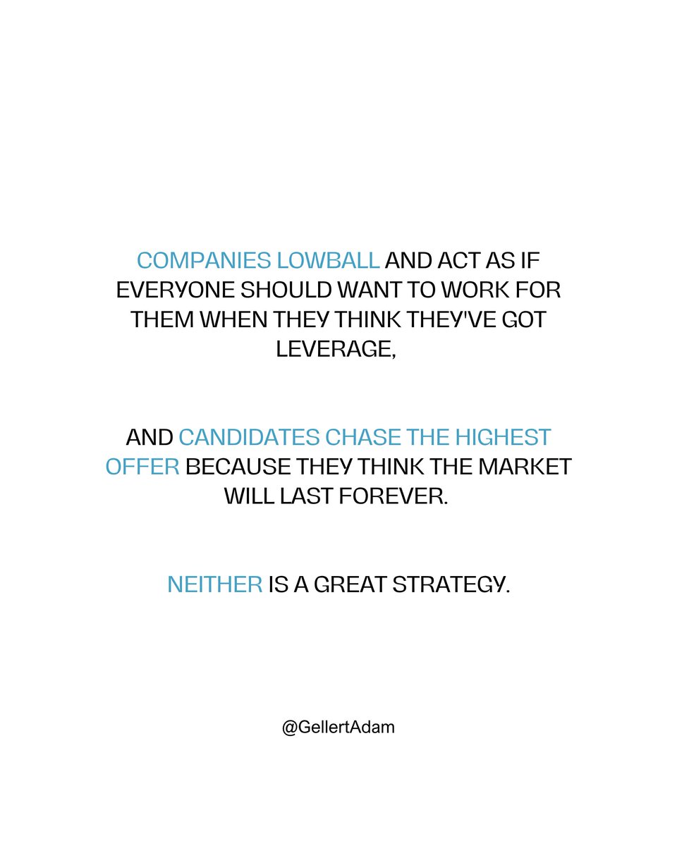 GellertAdam's tweet photo. Leverage is temporary. Relationships, trust, and reputation compound.

Instead of trying to win the market, build your value. Invest in yourself and what you bring to the table. Focus on alignment and fit, not leverage.

#hiring #startup #founder #SMBs #talentacquisition https://t.co/wle9tdV9vC