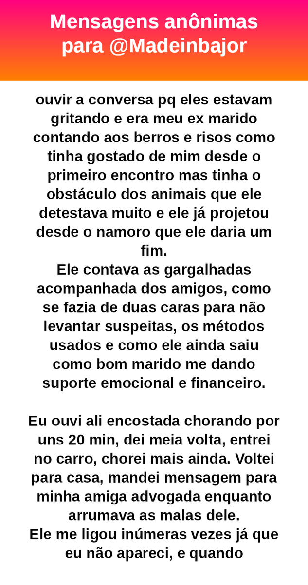 madeinbajor's tweet photo. #bajo41313
Sobre a caixinha #bajo39784
Minha nossa senhora eu tô sem palavras. 
Eu juro que sinto no meu coração que se eu estivesse no seu lugar eu ficaria viúva. Eu ia dar a minha vida pra achar um veneno que o matasse lentamente. 
Não ia querer que ele morresse logo. https://t.co/KEmxSfZ6Mv