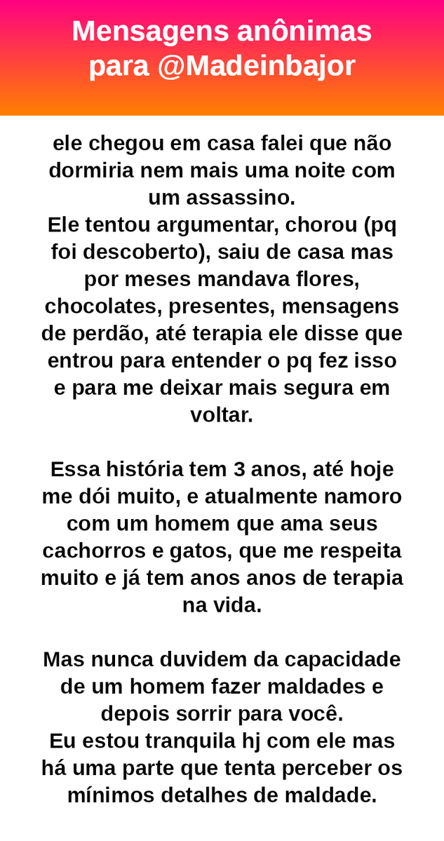 madeinbajor's tweet photo. #bajo41313
Sobre a caixinha #bajo39784
Minha nossa senhora eu tô sem palavras. 
Eu juro que sinto no meu coração que se eu estivesse no seu lugar eu ficaria viúva. Eu ia dar a minha vida pra achar um veneno que o matasse lentamente. 
Não ia querer que ele morresse logo. https://t.co/KEmxSfZ6Mv