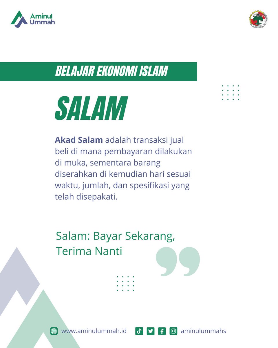 aminulummahs's tweet photo. Salam: Bayar di Awal, Terima Kemudian 🌾✨

Dalam akad Salam, pembayaran dilakukan di muka dan barang diserahkan sesuai kesepakatan di masa mendatang. Solusi syariah yang membantu produsen mendapatkan modal sekaligus memberikan kepastian bagi pembeli. 🤝🌿 https://t.co/jKmSp9aqMb