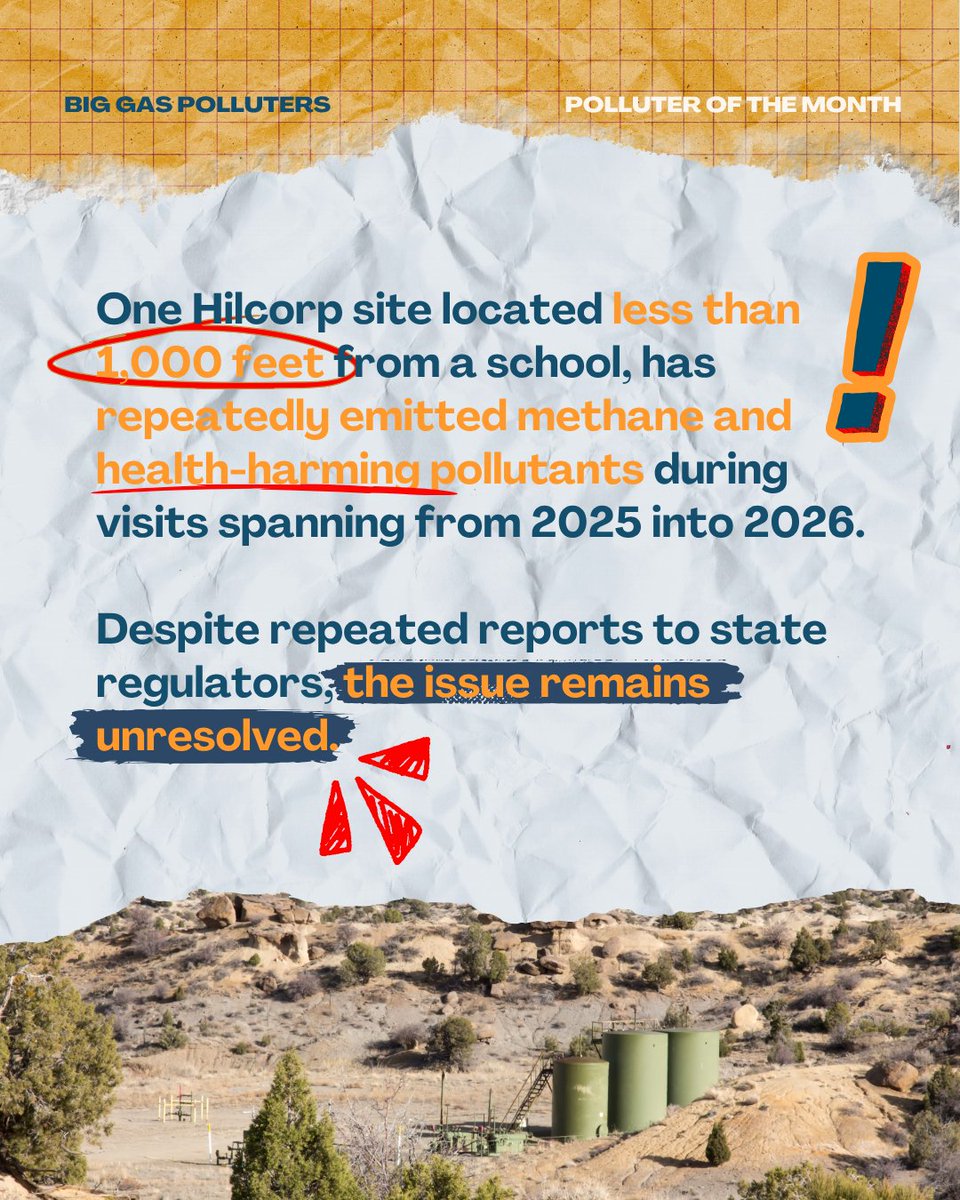 Earthworks's tweet photo. Hilcorp was one of our #PolluterOfTheMonth last year. Almost a year later, we’re still documenting pollution at its facilities. From repeated emissions near schools in NM to super-emitting methane plumes captured by satellite, the pattern hasn’t stopped.

https://t.co/tDS1WgeJbw https://t.co/Ue18nxOTl8